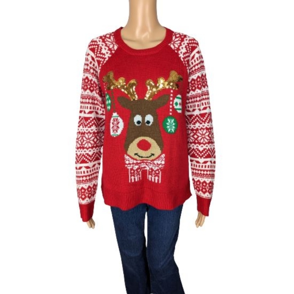 No Boundaries Ugly Christmas Reindeer Sweater L - Picture 1 of 8